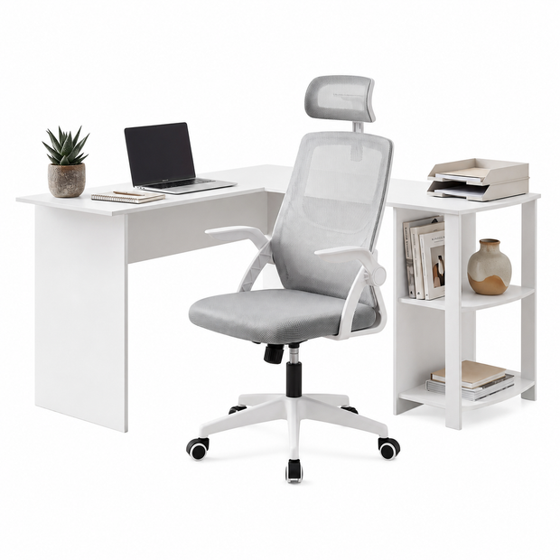 Artiss Home Office Desk and Chair Set, 136cm L Shaped Computer Desk with Shelves & Cable Management, Ergonomic Mesh Office Chair with Adjustable Headrest, Flip-Up Armrests