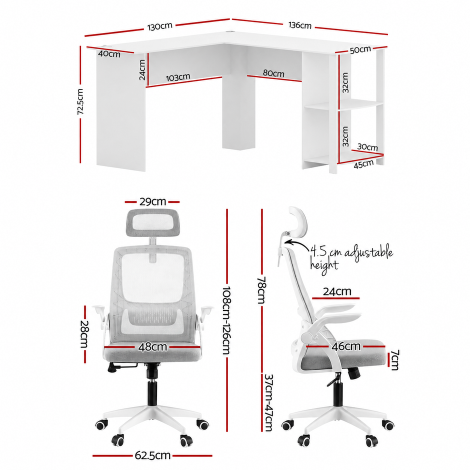 Artiss Home Office Desk and Chair Set, 136cm L Shaped Computer Desk with Shelves & Cable Management, Ergonomic Mesh Office Chair with Adjustable Headrest, Flip-Up Armrests