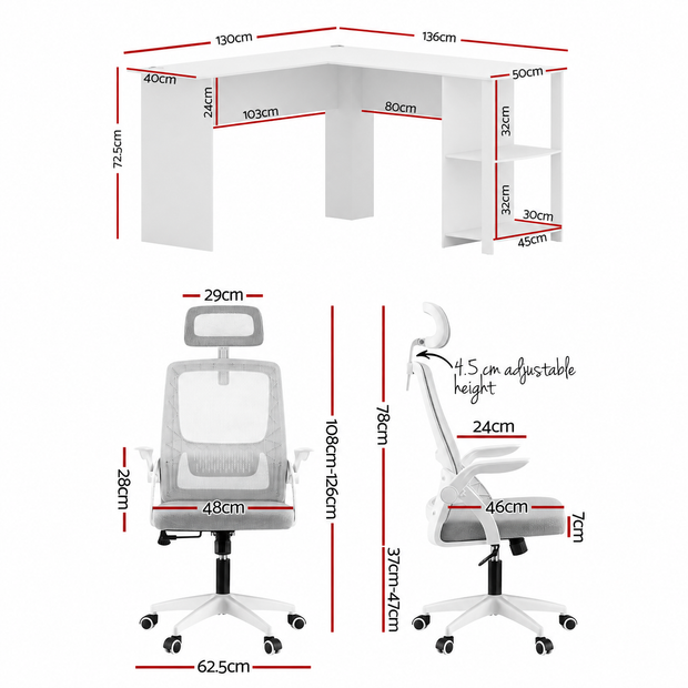 Artiss Home Office Desk and Chair Set, 136cm L Shaped Computer Desk with Shelves & Cable Management, Ergonomic Mesh Office Chair with Adjustable Headrest, Flip-Up Armrests
