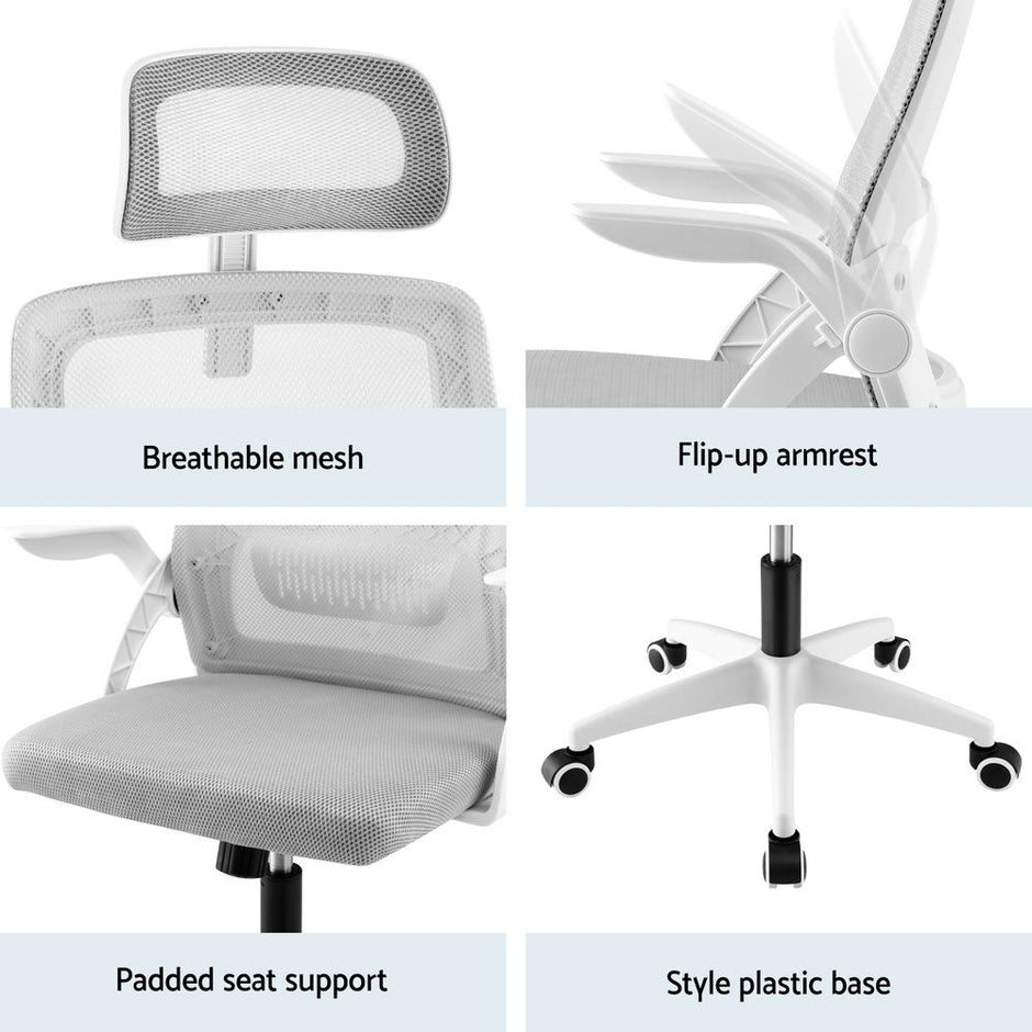 Artiss Home Office Desk and Chair Set, 136cm L Shaped Computer Desk with Shelves & Cable Management, Ergonomic Mesh Office Chair with Adjustable Headrest, Flip-Up Armrests