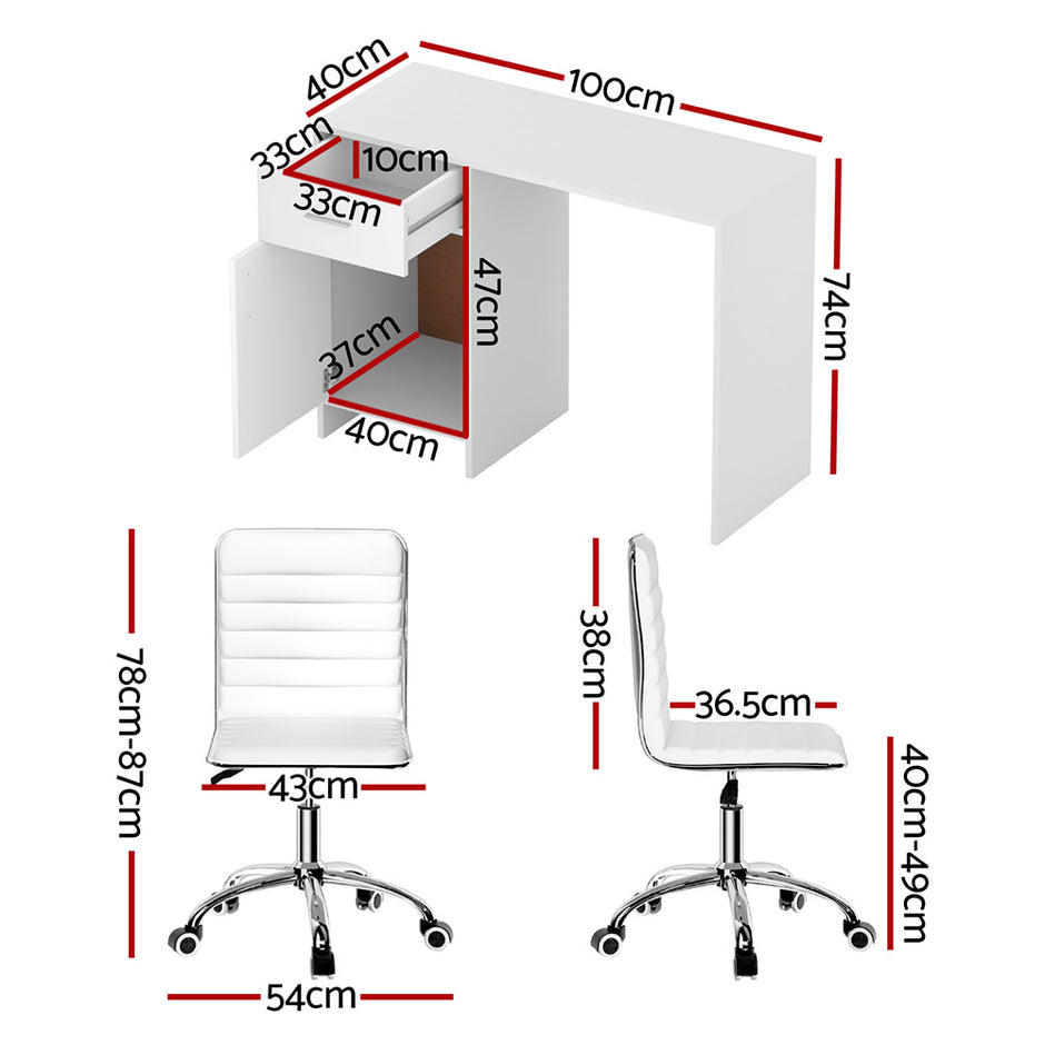 Artiss Computer Desk Office Chair Set PU Leather Home Study Table 100cm White