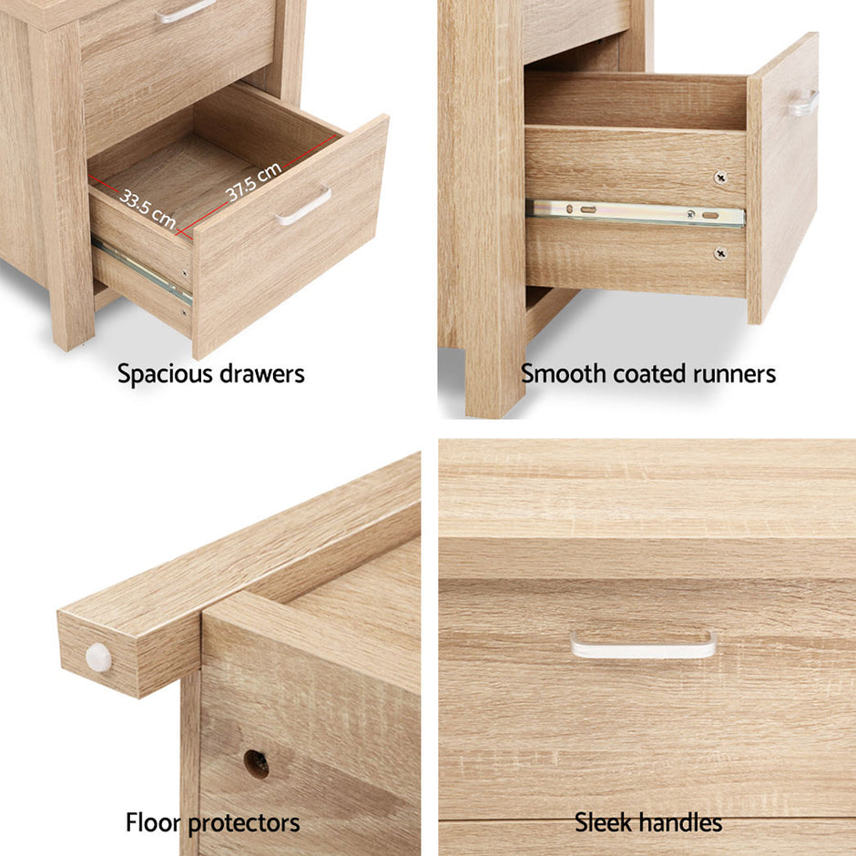 Artiss 2x Bedside Table 2 Drawers - MAXI Pine