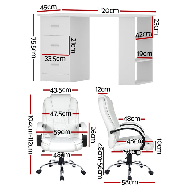 Artiss Computer Desk 120cm Executive Office Chair Set PU Leather High Back White