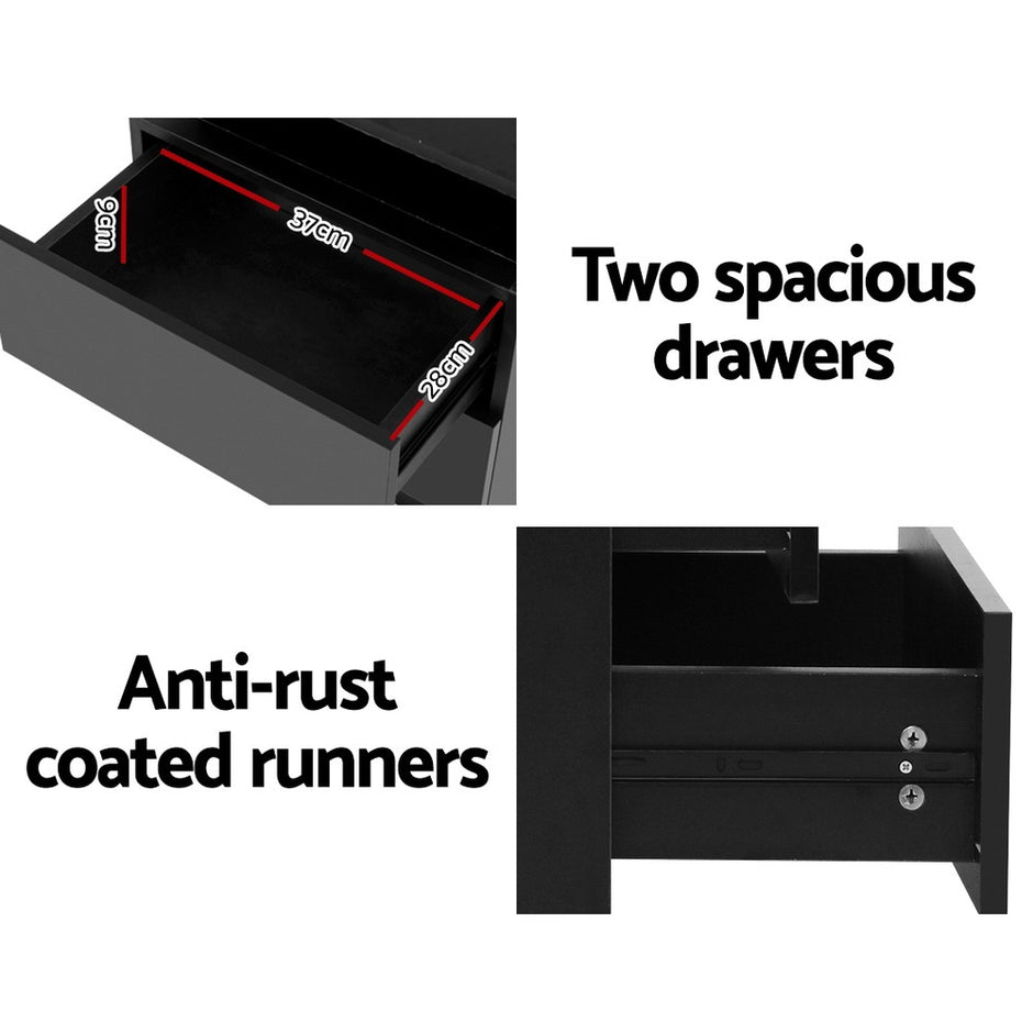 Artiss 2X Bedside Table LED 2 Drawers Lift-up Storage - COLEY Black
