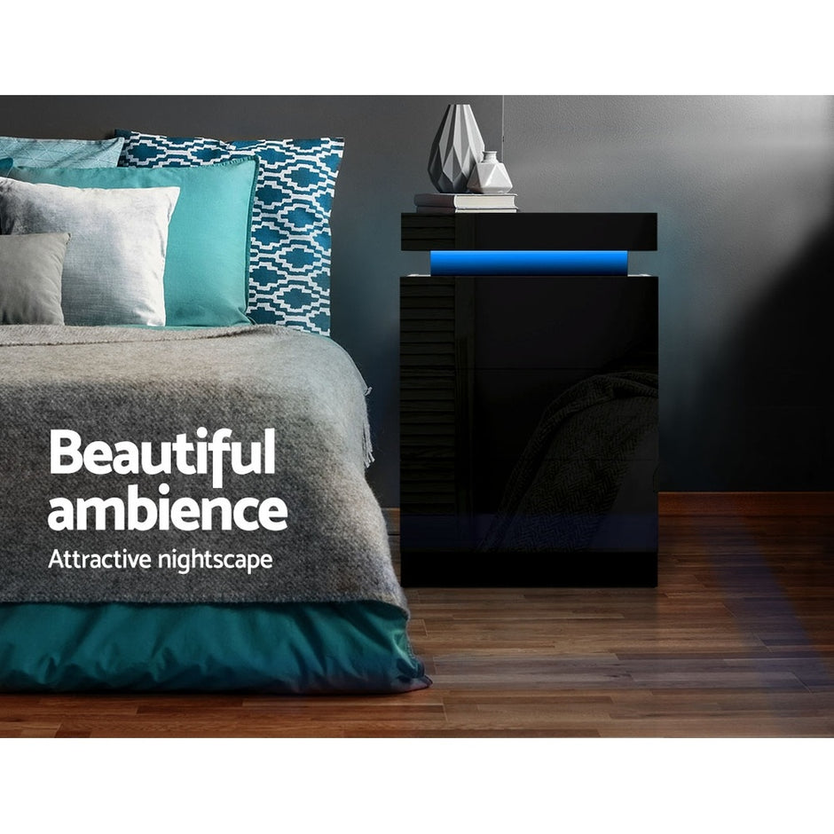 Artiss 2X Bedside Table LED 3 Drawers - COLEY Black