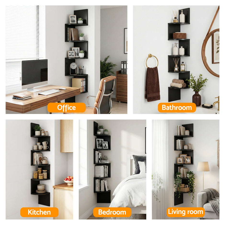 Artiss Wall Shelf Bookshelf Corner Floating 5-Tier Black