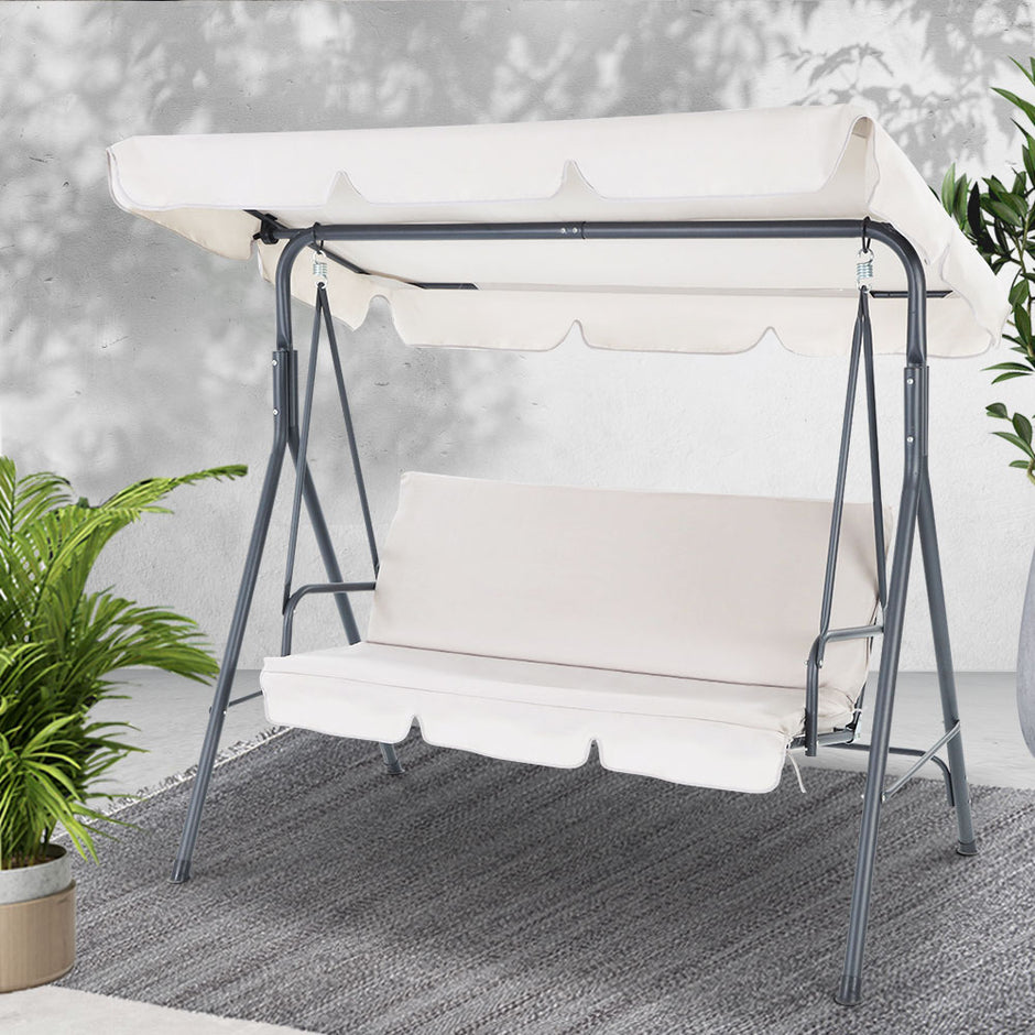 Gardeon Outdoor Swing Chair Garden Chair Bench Furniture Canopy 3 Seater Beige