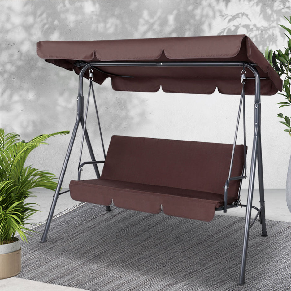 Gardeon Outdoor Swing Chair Garden Chair Bench Furniture Canopy 3 Seater Brown