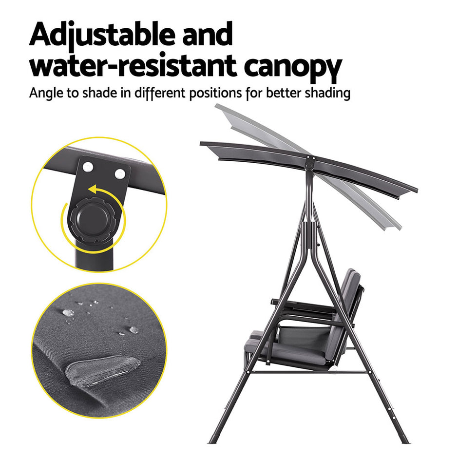 Gardeon Outdoor Swing Chair Garden Chair Canopy Cup Holder 2 Seater Grey