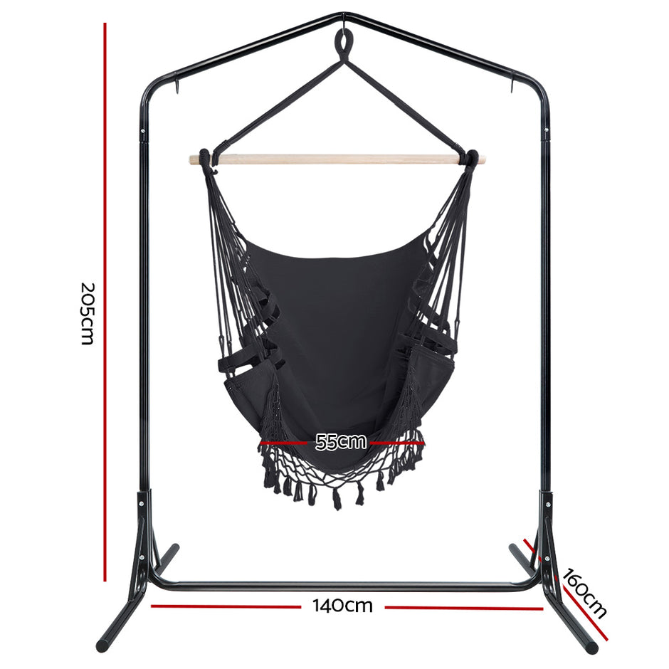 Gardeon Outdoor Hammock Chair with Stand Tassel Hanging Rope Hammocks Grey