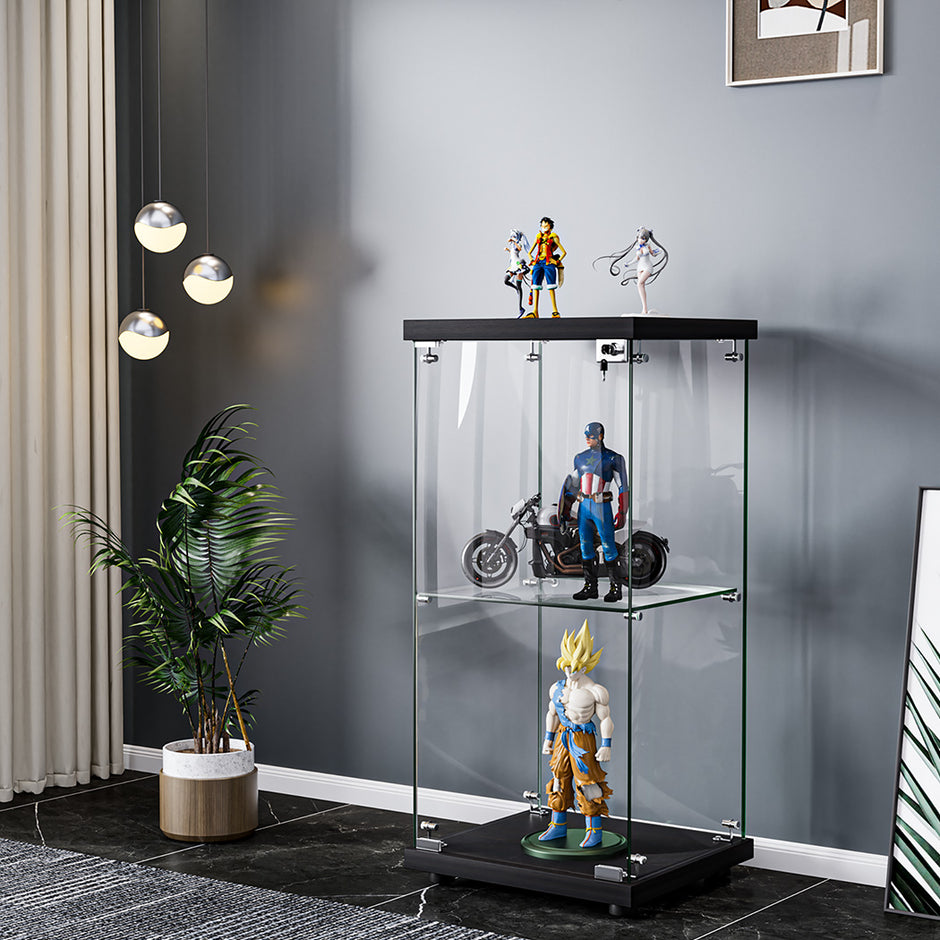 Stacked Display Cabinet Collection Storage Tempered Glass 2 Tier With Lock Black-2018816906798174214