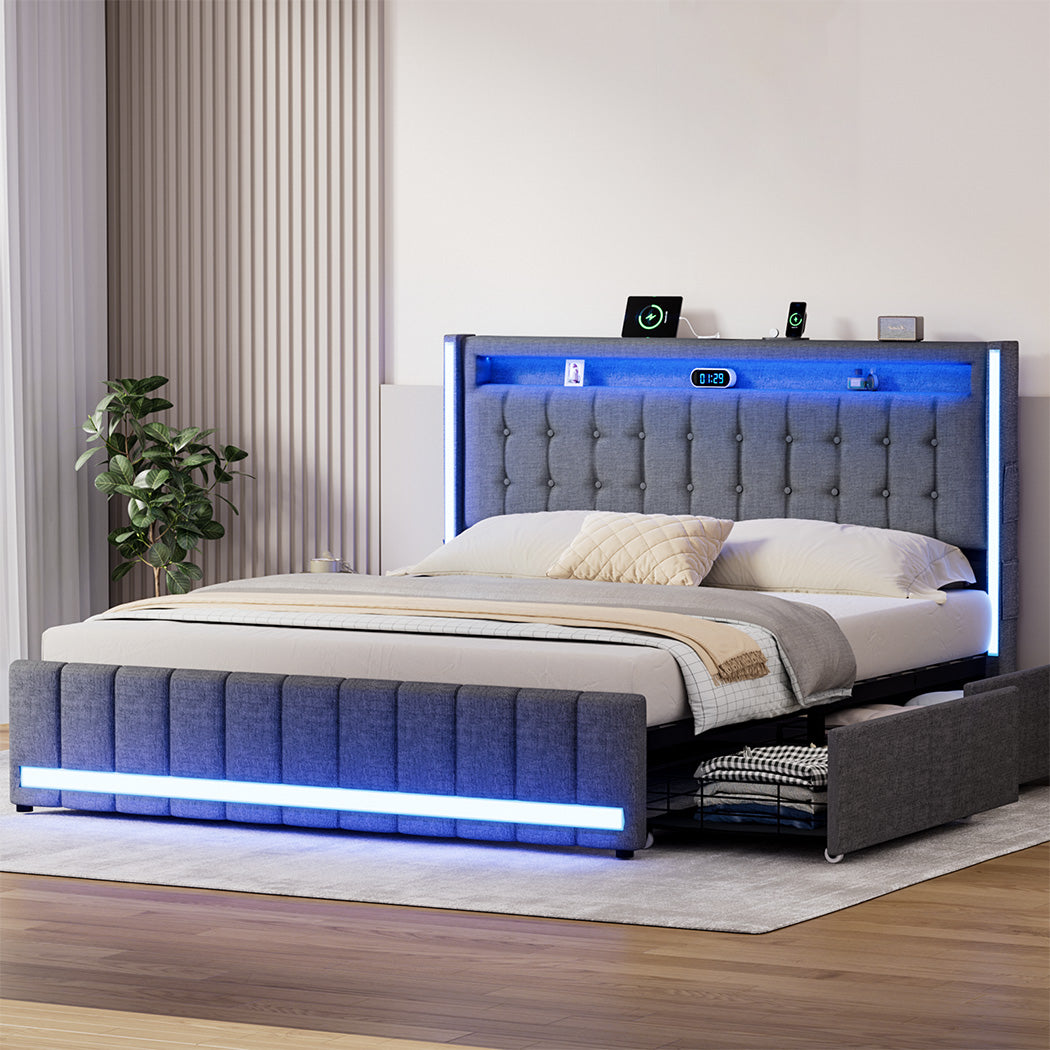 Levede King Bed Frame Fabric Storage Drawer LED USB-2006733381945135110