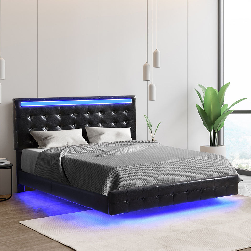 Levede  Floating Bed Frame Double with Headboard LED Lights Mattress Base-2006732834760429574