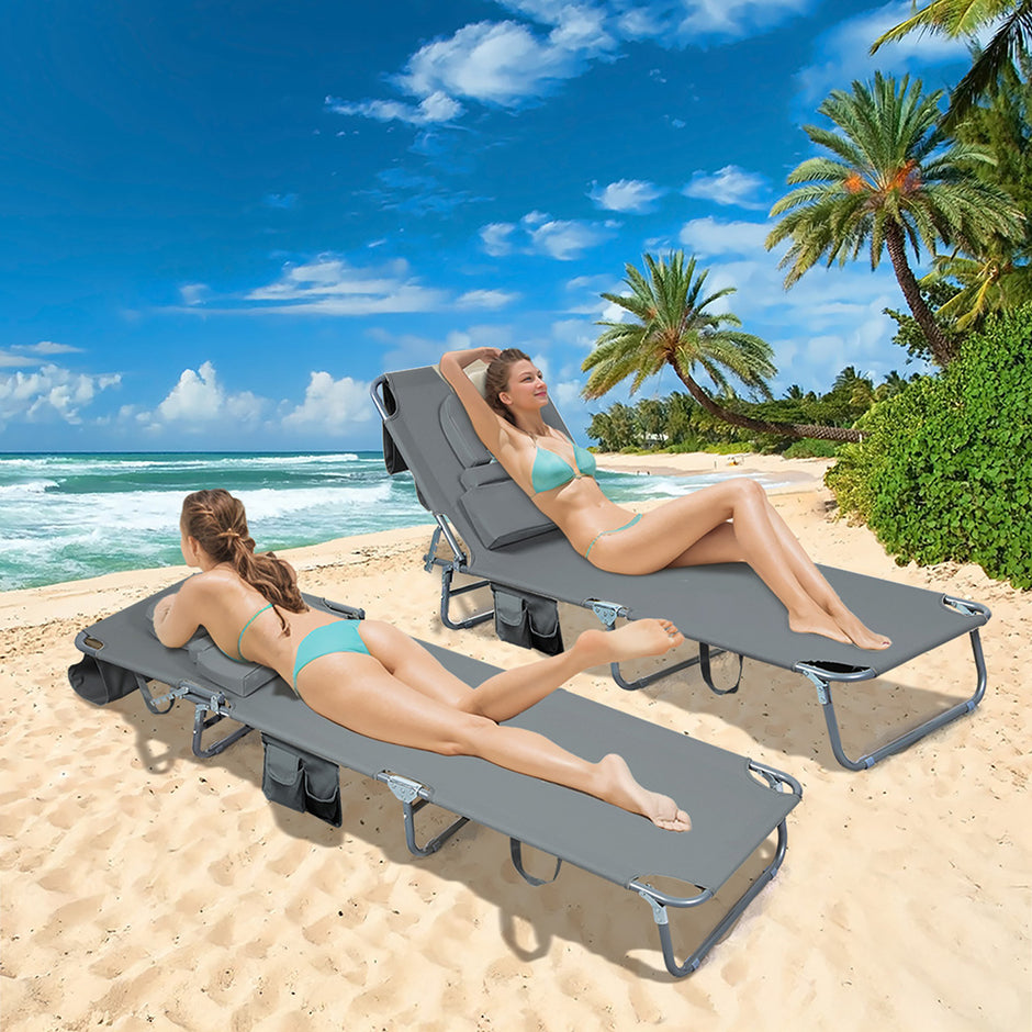 Levede Foldable Beach Lounge Chairs with Face Hole Grey-2018816828482129926