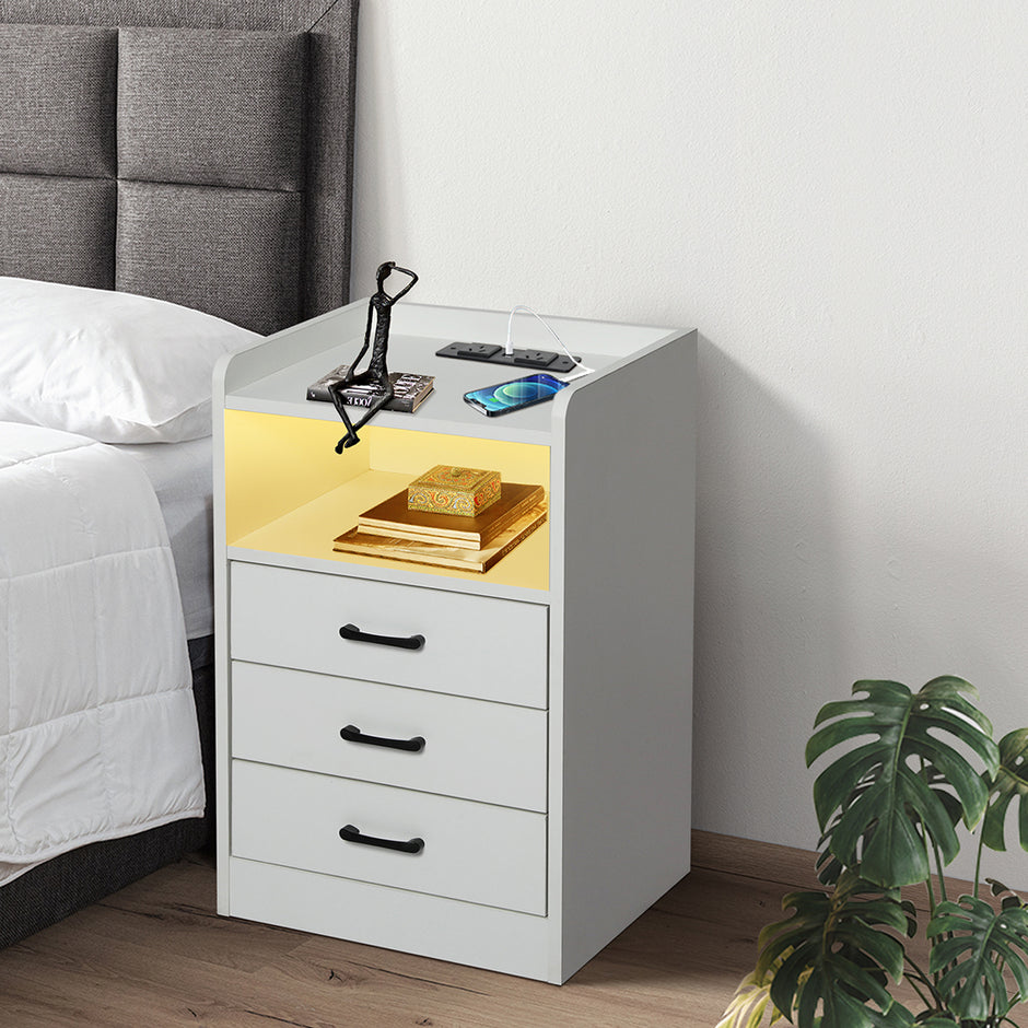Levede Bedside Table USB Charger Outlet LED White-2018816759531966471