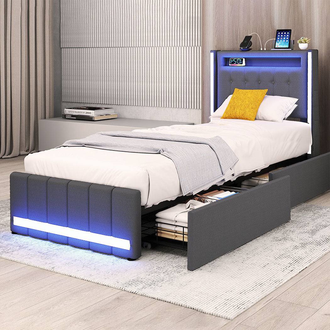 Levede Single Bed Frame Fabric Storage Drawer LED USB-2006733382138073094