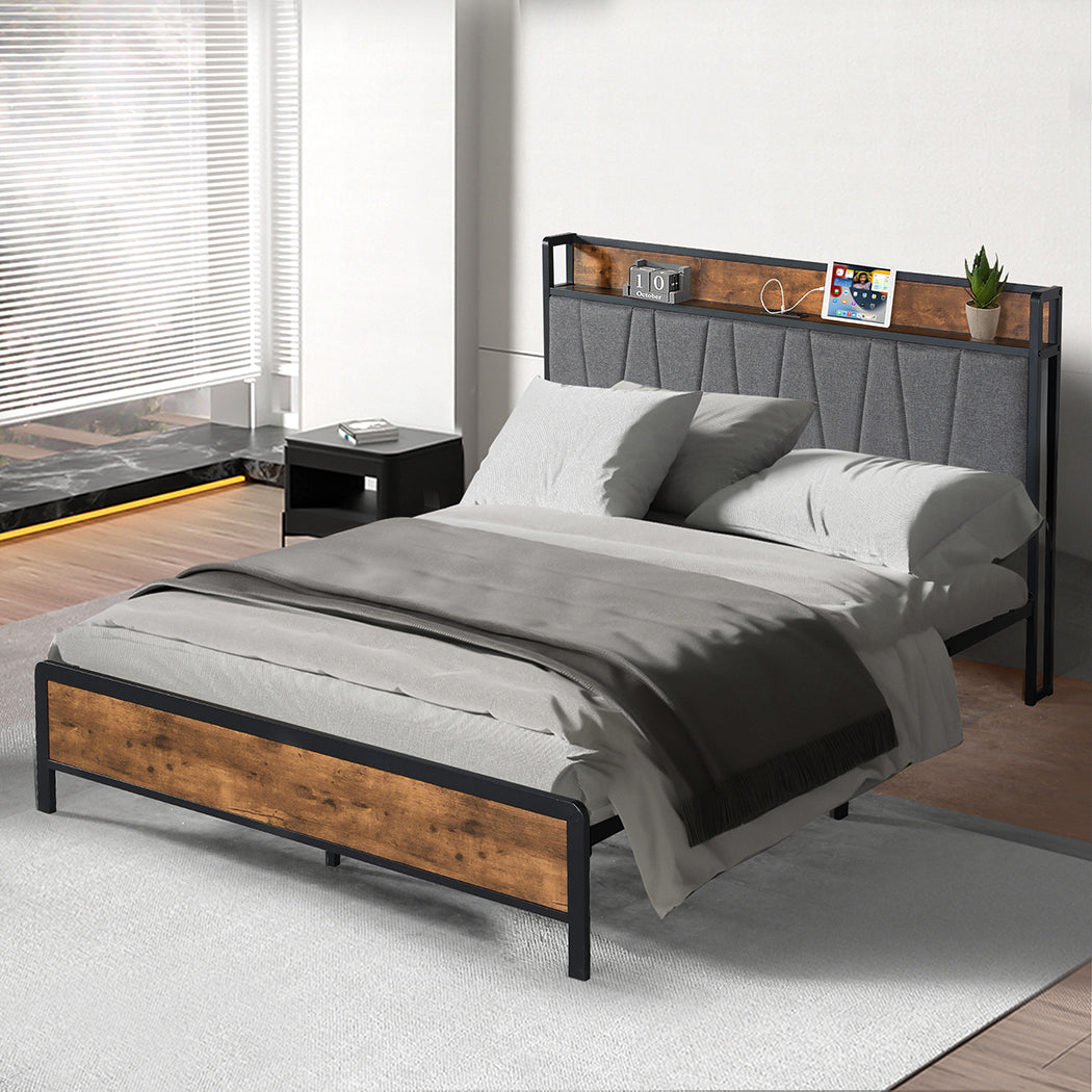 Levede Double Bed Frame Tufted Headboard USB Charge-2006732834424885254