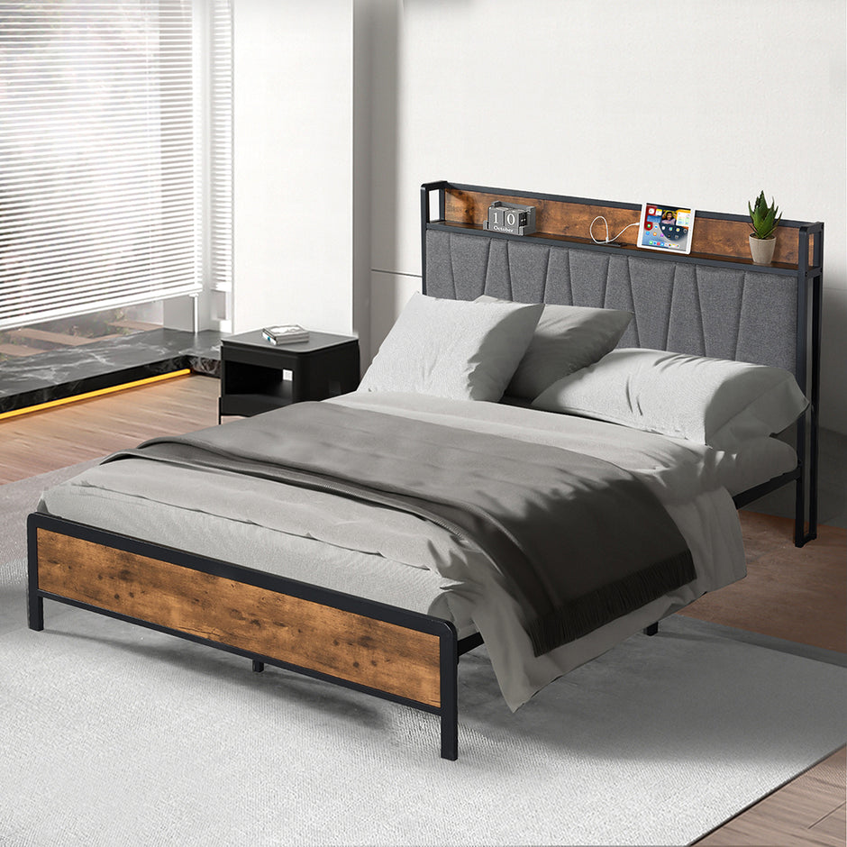 Levede Double Bed Frame Tufted Headboard USB Charge-2006732834424885254