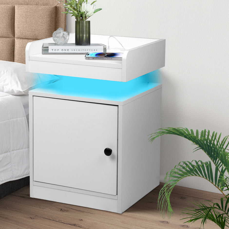 Levede Bedside Table USB Charger Outlet RGB White-2006732842117238791