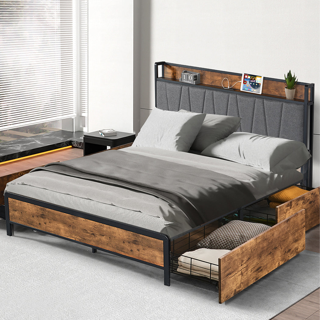Levede Queen Bed Frame Soft Storage Drawers Headboard USB Charge-2006733226512617478