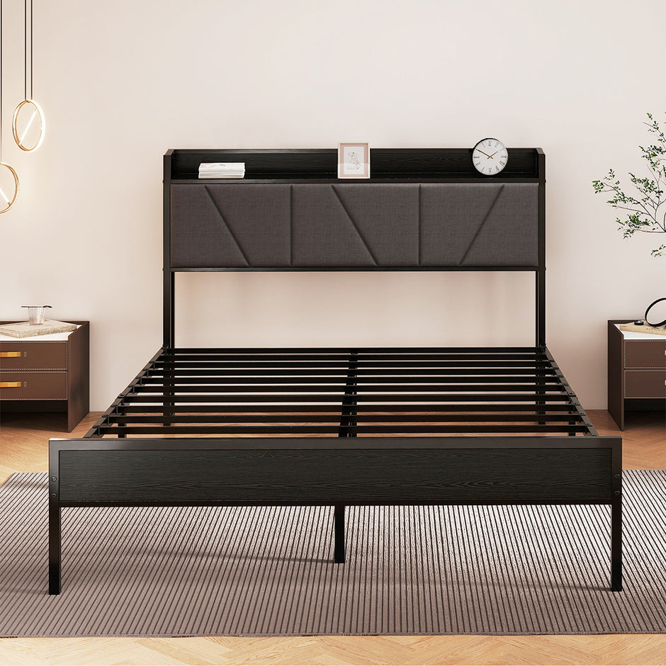 Levede Double Bed Frame Steel Base with Headboard Grey-2006732772936388614
