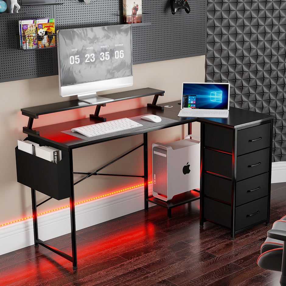 Levede L Shaped Gaming Desk with Storage Drawers Black-2006733412379004934