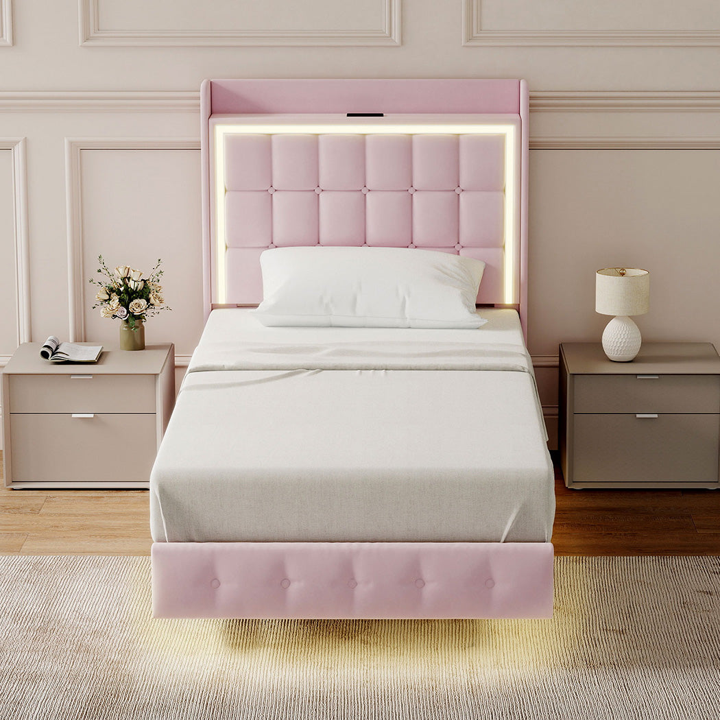 Levede Single Floating Bed Frame LED Headboard USB Pink-2006732795417858054