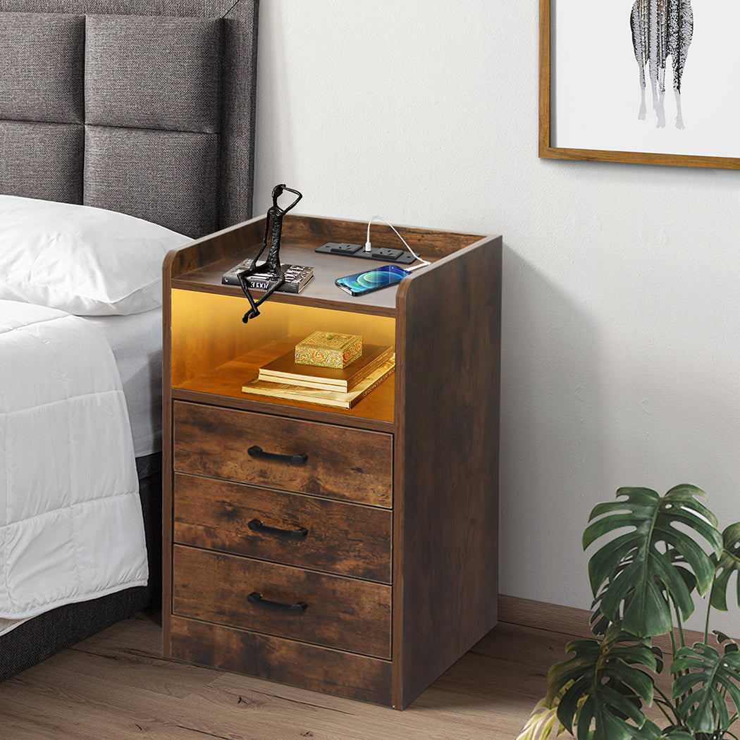 Levede Bedside Table USB Charger Outlet LED Oak-2018816764154089479
