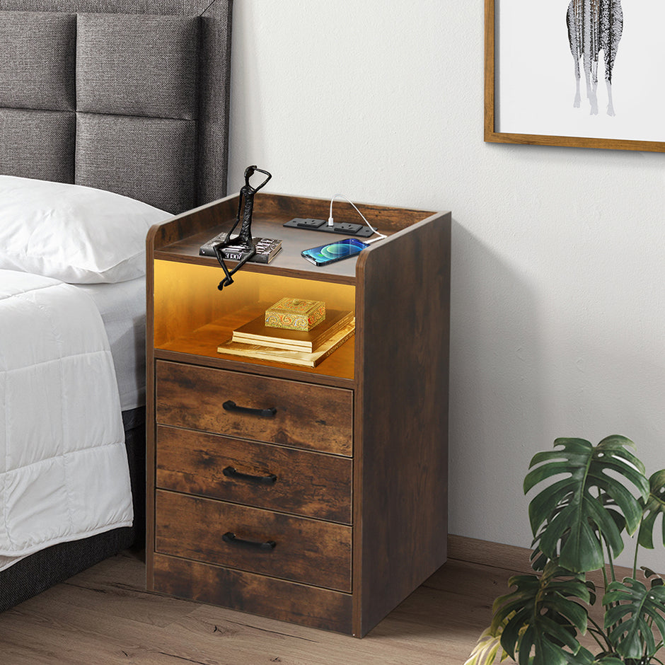 Levede Bedside Table USB Charger Outlet LED Oak-2018816764154089479