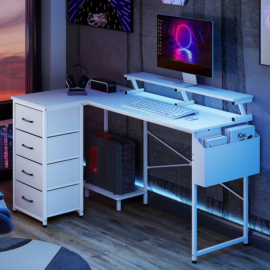 Levede L Shaped Gaming Desk with Storage Drawers White-2006733412563554310