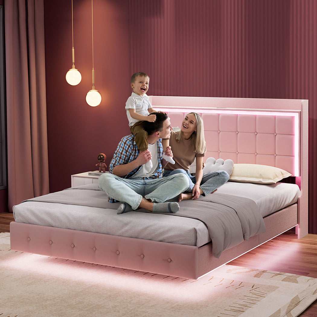 Levede King Floating Bed Frame LED Headboard USB Pink-2006732795224920070