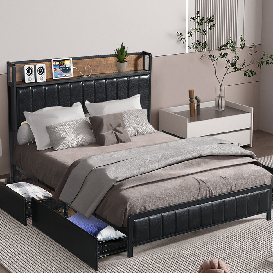 Levede Queen Bed Frame PU 4 Drawer USB Charge-2018816936221216774