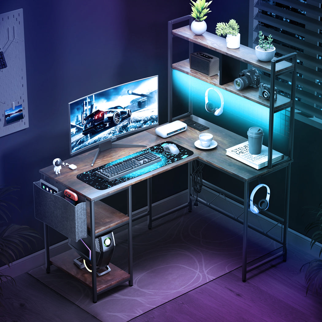 Levede L Shaped Gaming Desk with LED Lights Brown-2006732839361581063