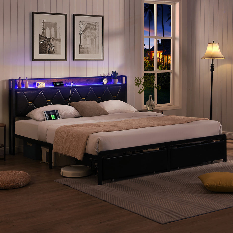 Levede Queen Metal Bed Frame LED Lights 2 Drawers-2018816912707948550