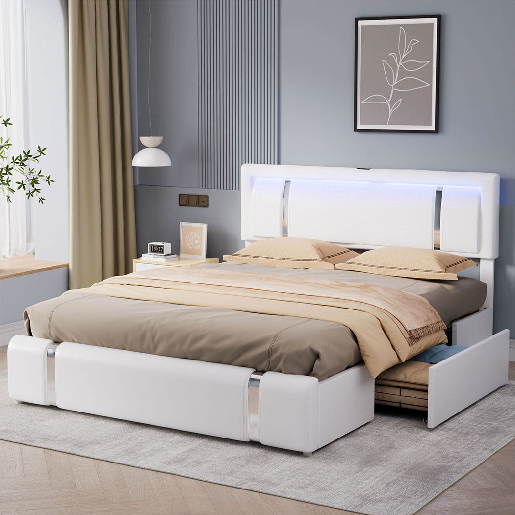 Levede Queen Bed Frame With Adjustable Headboard White-2006732897008095238