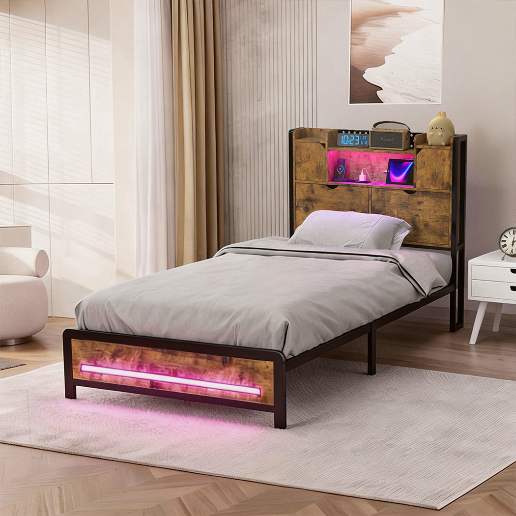 Levede Single Bed Frame Storage Headboard Industrial-2011971104947703814