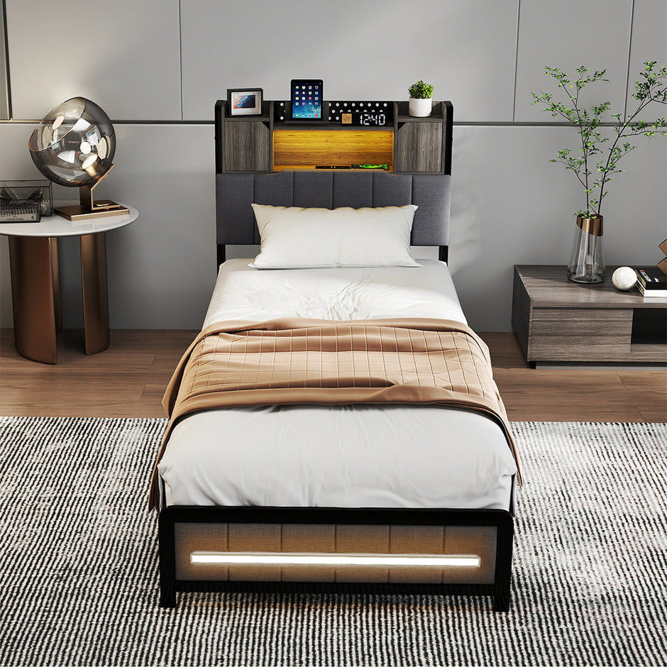 Levede Single Bed Frame with Storage Headboard RGB LED-2011971105295831046