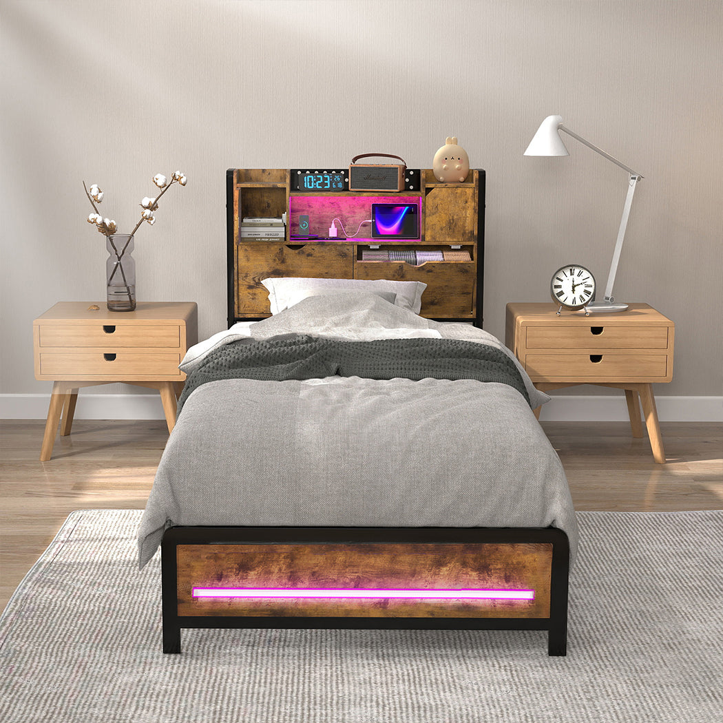 Levede Single Bed Frame Storage Headboard Industrial-2011971104947703815