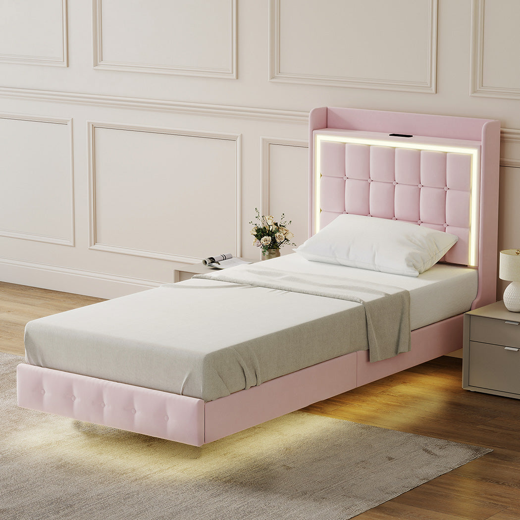 Levede Single Floating Bed Frame LED Headboard USB Pink-2006732795417858055