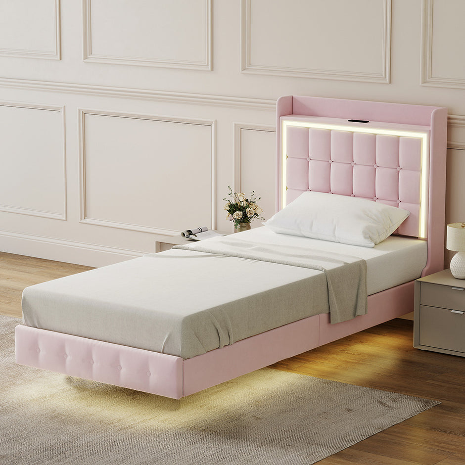 Levede Single Floating Bed Frame LED Headboard USB Pink-2006732795417858055