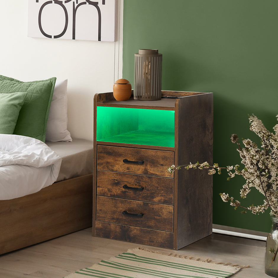 Levede Bedside Table USB Charger Outlet LED Oak-2018816764154089478