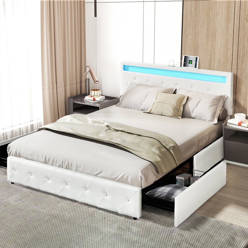 Levede Queen Bed Frame RGB LED PU 4 Drawer USB-2018816936401571847