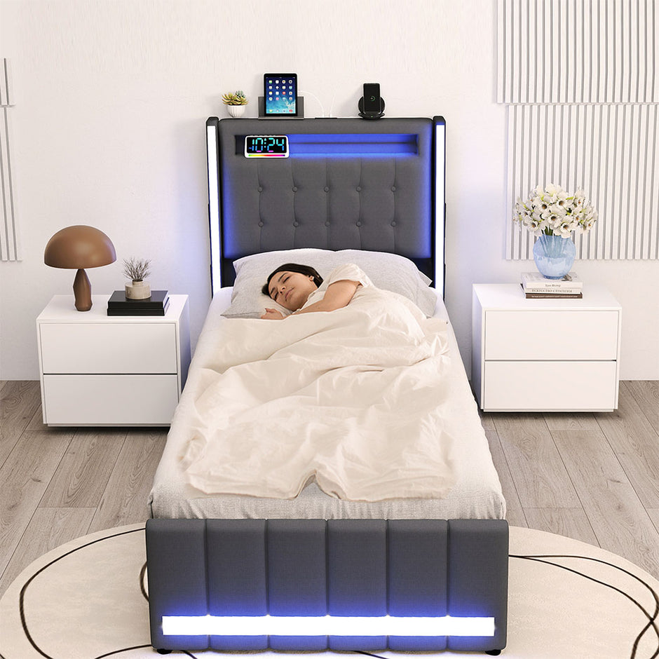 Levede Single Bed Frame Fabric Storage Drawer LED USB-2006733382138073095