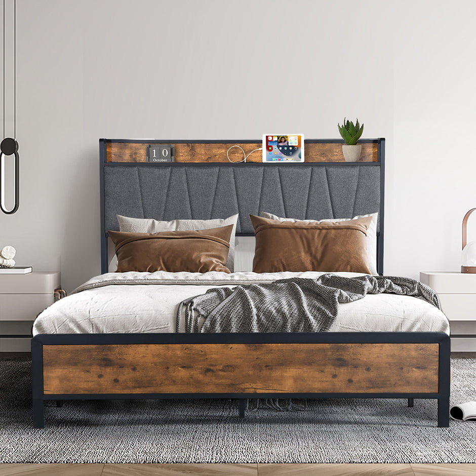 Levede Double Bed Frame Tufted Headboard USB Charge-2006732834424885255