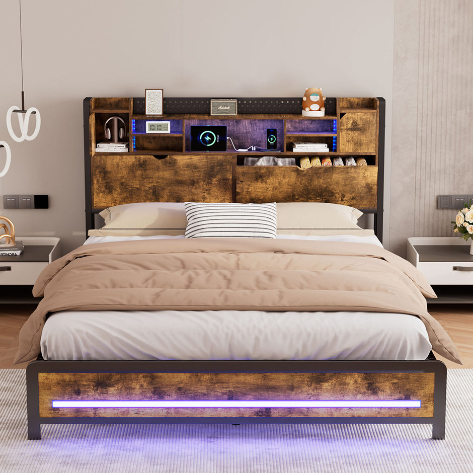 Levede Queen Bed Frame Storage Headboard Industrial-2006732901579886599