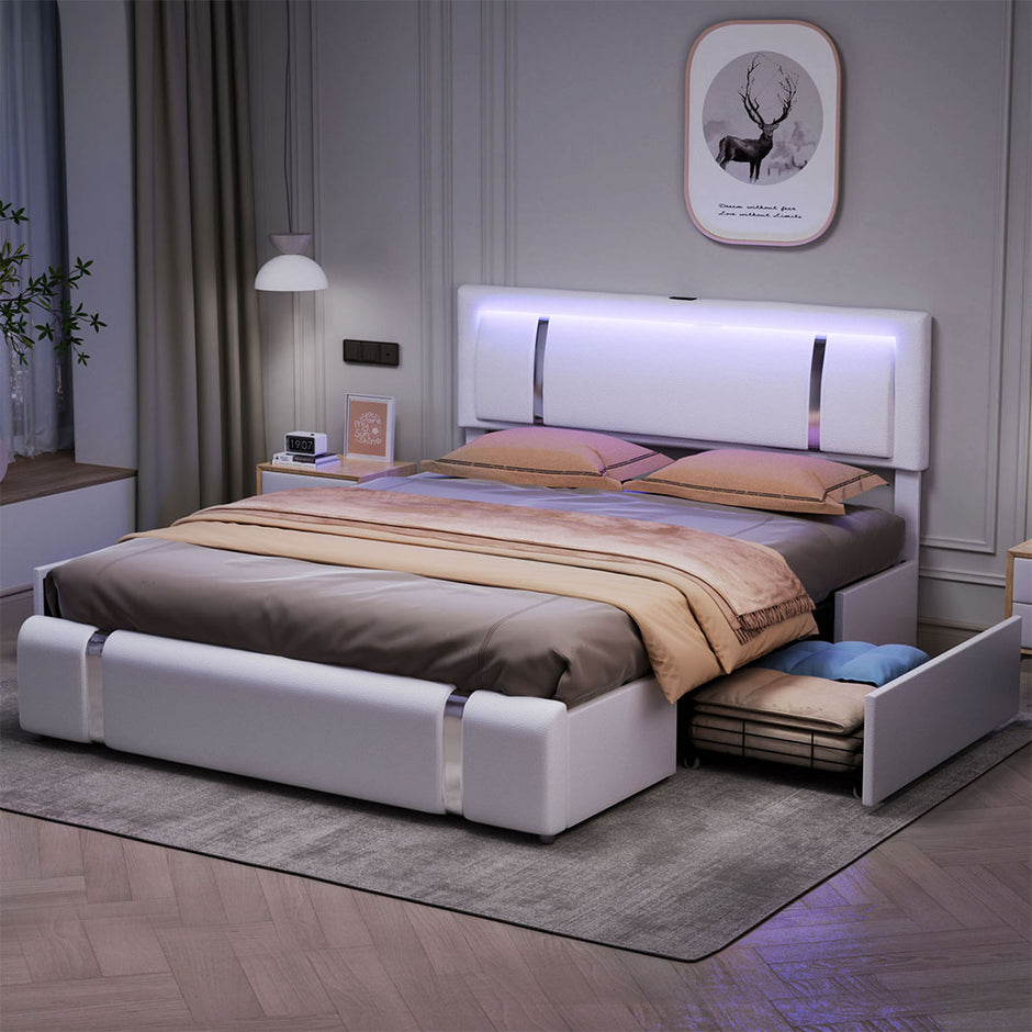 Levede King Bed Frame Leather Headboard RGB 2 Drawers-2006732796147666951