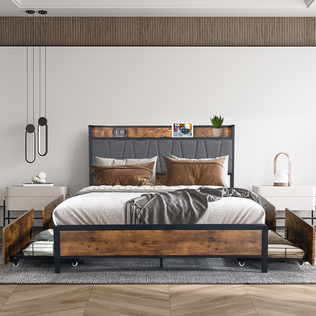 Levede Queen Bed Frame Soft Storage Drawers Headboard USB Charge-2006733226512617479