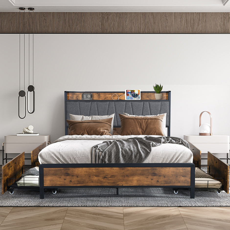 Levede Queen Bed Frame Soft Storage Drawers Headboard USB Charge-2006733226512617479
