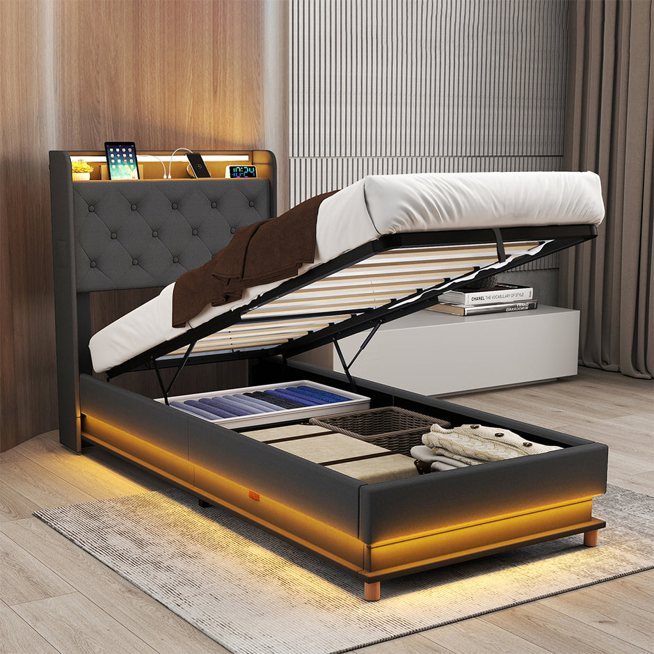 Levede Single Bed Frame Gas Lift Storage LED Light USB-2006733381777362951