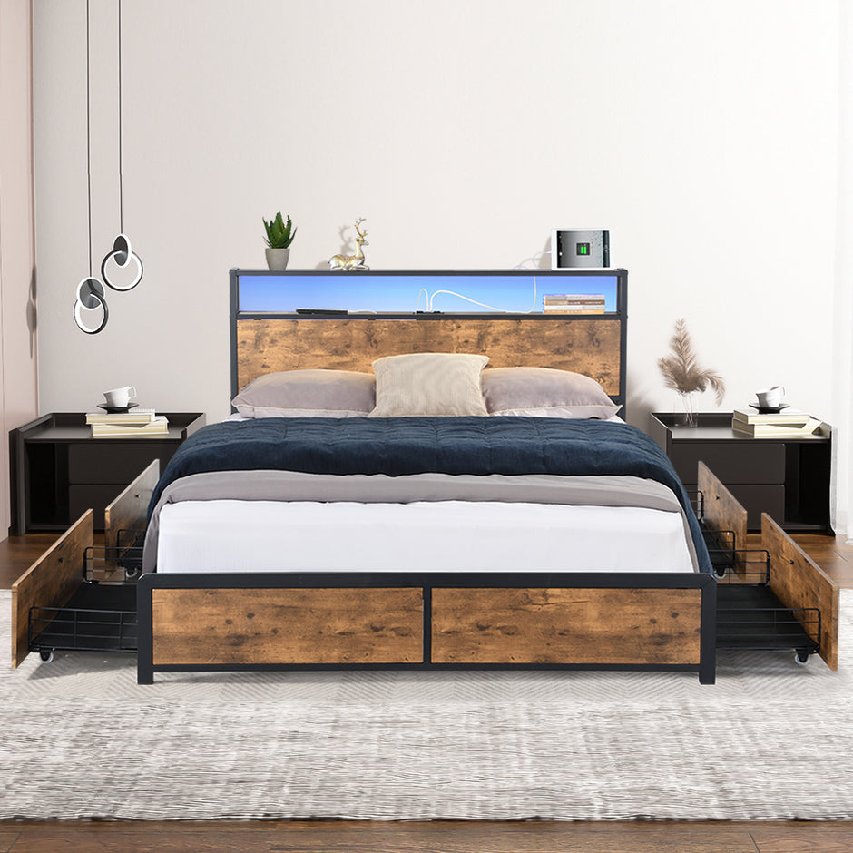 Levede Double Bed Frame RGB LED 4 Drawers USB-2018816936808419335